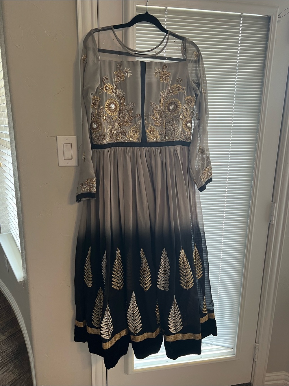 Embroidered Gray and Black Ombre Midi Dress with Gold Accents